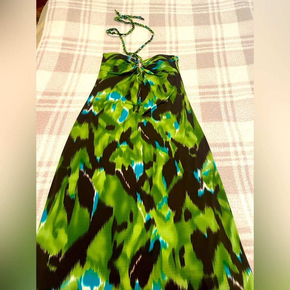 Green, black, and teal maxi dress with braided neck ties. EUC. Size Medium